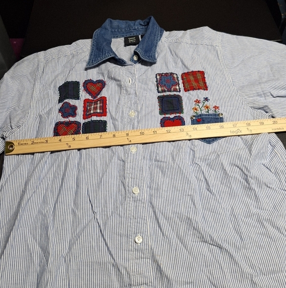 Women's cotton Blue Striped Button Down Shirt with Patchwork - Picture 6 of 7